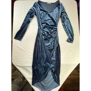 HUHOT Womens Blue Velvet Ruched Wrap V-Neck Long Sleeve High Low Midi Dress S